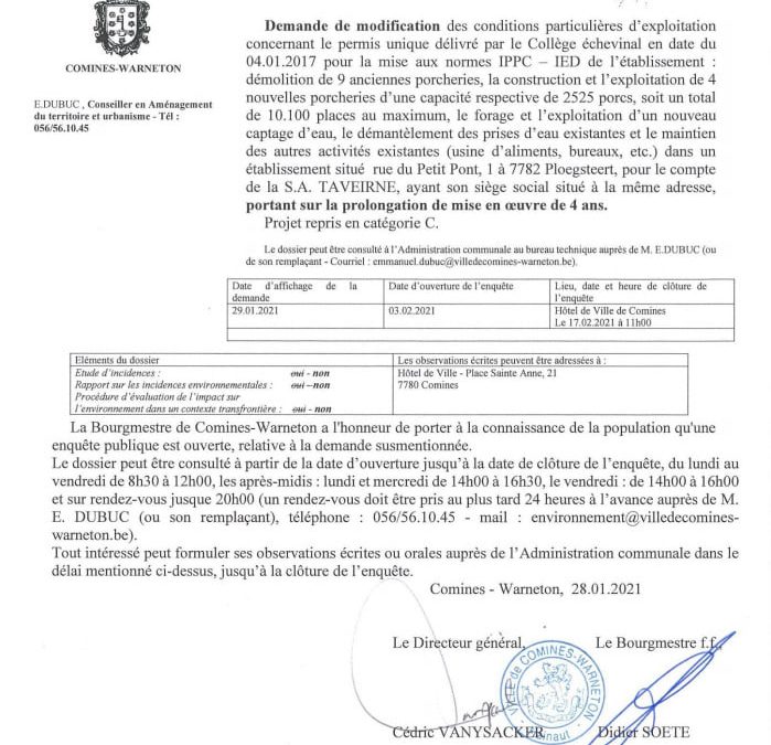 Voici la réponse de la locale ECOLO de Comines-Warneton à l’enquête publique demandée par la SA TAVEIRNE